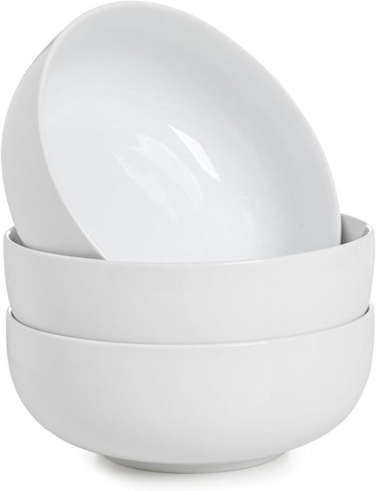 Large Soup Bowls Set of 3, Ceramic Salad Bowls 37 oz, White Pasta Bowls 7 inch, Serving Bowl for Cereal, Noodle Ramen, Pho, Fruit