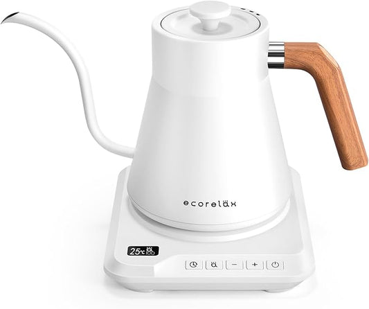ECORELAX Gooseneck Electric Kettle, ±1℉ Temperature Control Pour Over Kettle for Coffee, Tea & Water, Stainless Steel 1200 W Keep Warm OLED Display 1 L (White)