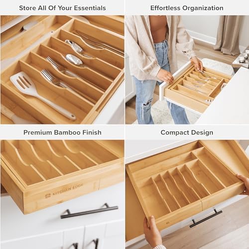 Premium Silverware, Flatware and Utensil Organizer for Kitchen Drawers, Food-Safe Contract Grade, Expandable from 18 to 33 In, Natural Bamboo