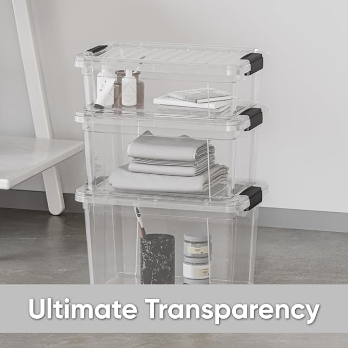 Superio Clear Storage Boxes with Lids, 14.25 Quart Plastic Container Bins for Organizing, Stackable Crates, BPA Free, Non Toxic, Odor Free, Organizers for Home, Office and Dorm, 4 Pack