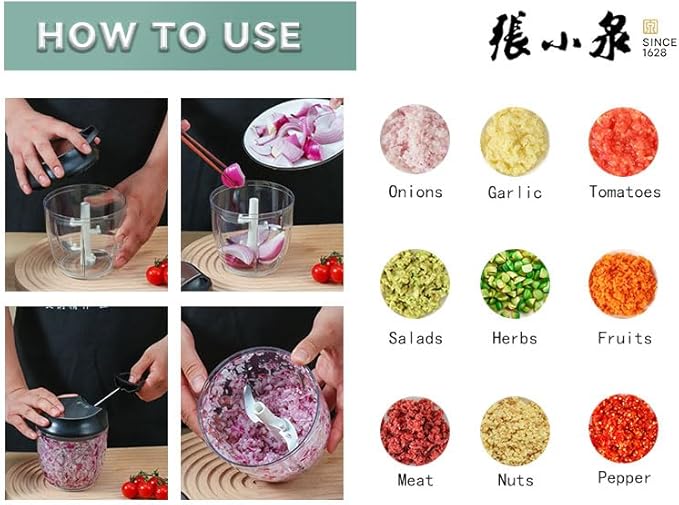 ZHANG XIAO QUAN SINCE 1628 Manual Vegetable Chopper, Hand Pull String Garlic Mincer Onion Cutter for Veggie, Peppers, Tomatoes, Ginger, Fruits, Nuts, 3.6 Cup(900ml) Food Chopper With Egg Whisk