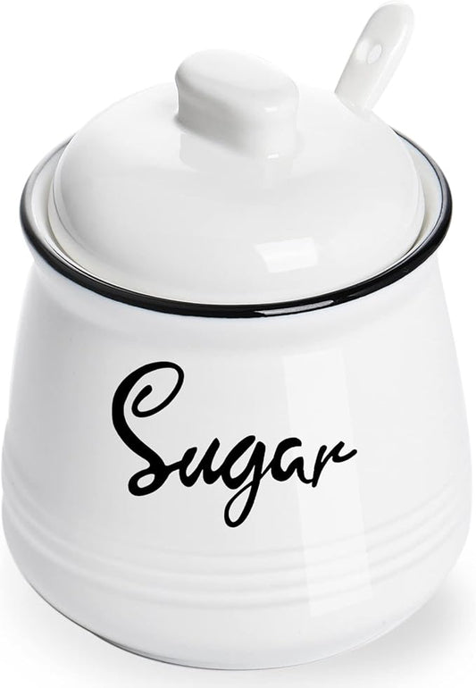 HAOTOP Farmhouse Porcelain Sugar Bowl with Lid and Spoon 12oz,Easy to Clean (White)