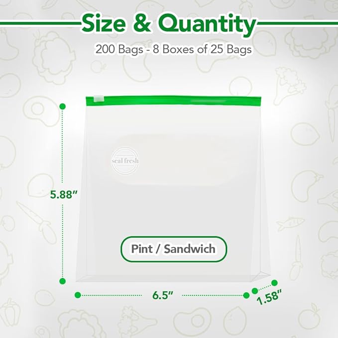 Pint Slider Storage Bags 200 Pack — Reusable Freezer Bags with Expandable Bottom, BPA Free, Microwave Safe, Clear Pint Food Storage Bags