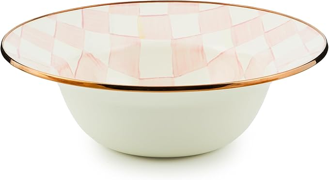MACKENZIE-CHILDS Enamel Serving Bowl, Enamel Serveware Bowl, 12 Inches, Pink-and-White Rosy Check