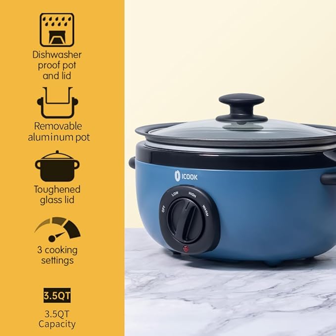 ICOOK USC-35-OP001BL 3.5 Quart Slow Cooker,Aluminium Sear/Sauté Stew Pot Stovetop safe,Dishwasher Safe,Glass Lid,Adjustable Temp,Food Warmer,Blue