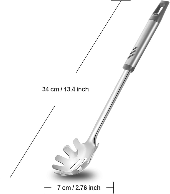 Spaghetti Spoon, Stainless Steel Pasta Fork for Serving and Cooking, 13.4 Inch Pasta Spoon with Teeth for Noodles, Ramen and Tagliolini, Comfortable Grip Design, Silver