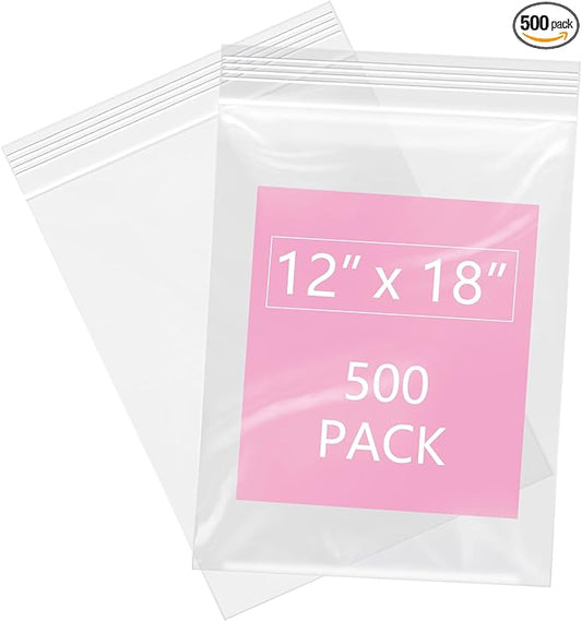 iMailer - 500 Pcs- 12" x 18" Reclosable Plastic Zip Poly Bags 2 Mil - Clear Zip Bag for Clothing, T-Shirts, Pants