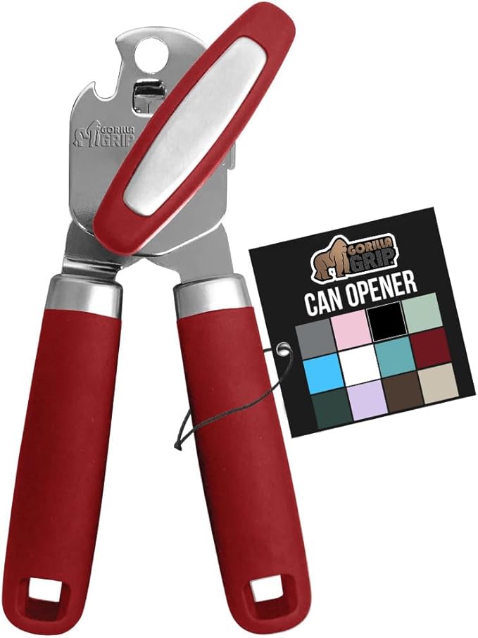 GORILLA GRIP Heavy Duty Stainless Steel Smooth Edge Manual Can Opener and Bottle Openers, Soft Comfortable Handle, Oversized Handheld Turn Knob, US Designed Multifunctional Kitchen Tool, Red