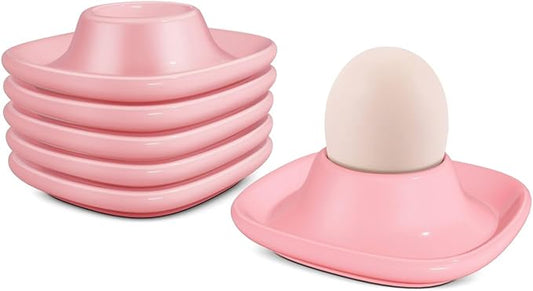 Flexzion Egg Cups for Soft Boiled Eggs - Set of 6 Ceramic Egg Holder - Stackable Egg Coddler Cups with Base for Serving, Breakfast, Brunch - Kitchen Table Decor, Pink