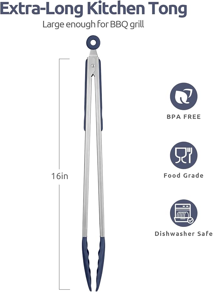 Heat Resistant Silicone Kitchen Tong: U-Taste 16 inch Extra Long Large 480ºF Hot Proof Cooking Tong with Sturdy Non Stick Rubber Tips & Non Slip Silicon Coated Steel Handle for Grill BBQ-Midnight Blue