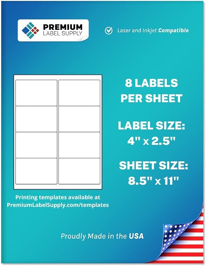 Premium Label Supply White Sticker Shipping/Mailing Labels – 4" x 2.5" – Laser/Inkjet Compatible – (8 per Sheet), 100 Sheets – 800 Total Adhesive Labels