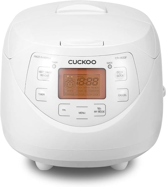 CUCKOO CR-0633F | 6-Cup (Uncooked) Micom Rice Cooker | 11 Menu Options: White Rice, Brown Rice & More, Nonstick Inner Pot, Made in Korea | White