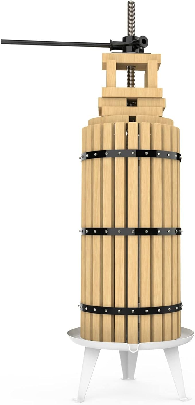 SQUEEZE master Fruit Press-7.9 Gallon/30L-Solid Wood Basket Wine Press-Vintage traditional juicer-6 Press Wooden Blocks-Pole Handle Bar for Juice,Wine,Cider-1 free filter bag included