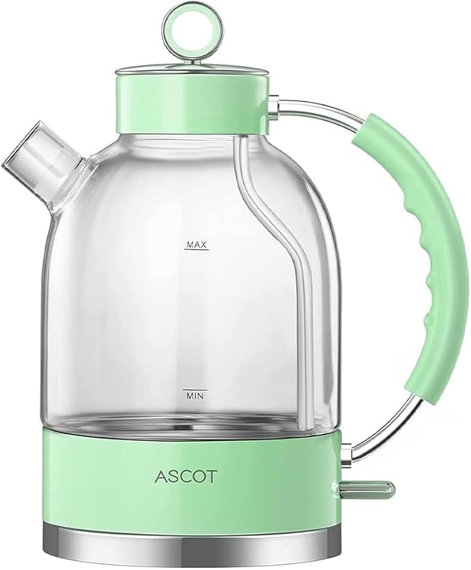 ASCOT Electric Kettle, Glass Electric Tea Kettle Gifts for Men/Women/Family 1.5L 1500W Borosilicate Glass Tea Heater, with Auto Shut-Off and Boil-Dry Protection (Green)