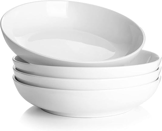 DOWAN 8.5" Pasta Bowls Set of 4, 30oz White Ceramic Shallow Dinner Bowls for Salad, Soup & Pasta, Stackable and Easy to Clean, Ideal for Everyday Use & Housewarming Gift
