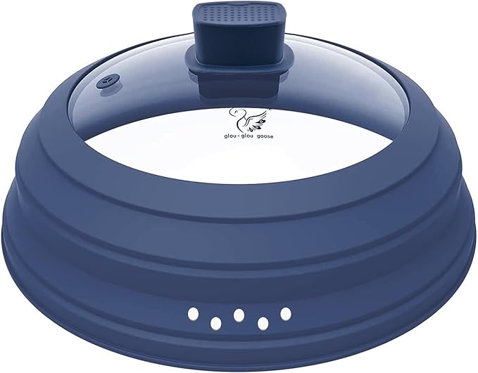 Microwave Splatter Cover Glass Cover Guard Lid with Collapsible Silicone for Food Pot Plate Cover 10.8 inch Dark Blue
