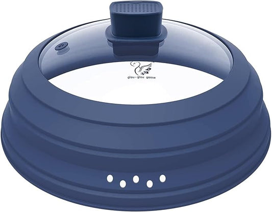Microwave Splatter Cover Glass Cover Guard Lid with Collapsible Silicone for Food Pot Plate Cover 11.8 inch Dark Blue