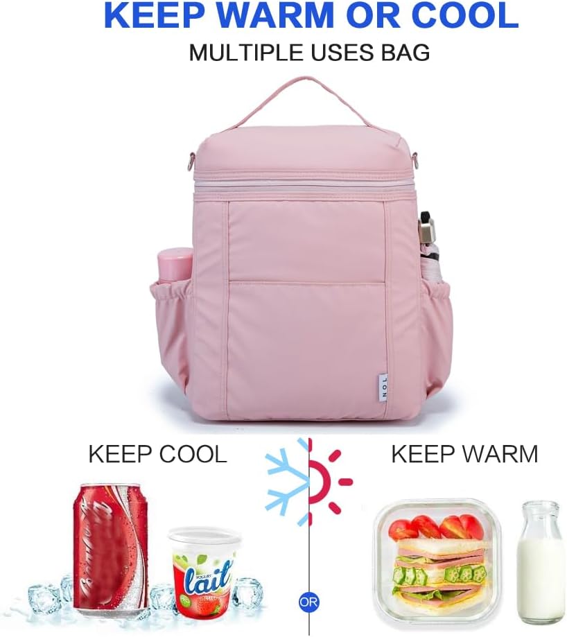 NOL Natural Organic Lifestyle Insulated Lunch Bags for Women Cooler Bag Lightweight Nylon Waterproof Lunch Box For Work (Pink, Large)