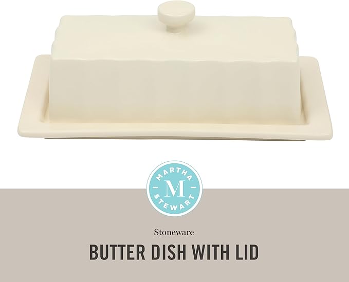 Martha Stewart Broadbrook Stoneware Butter Dish with Lid, Rectangular Covered Butter Keeper, 8.1 x 4.4 x 3 Inches, Classic Cream Glaze, Dishwasher Safe Ceramic Storage for Counter or Table