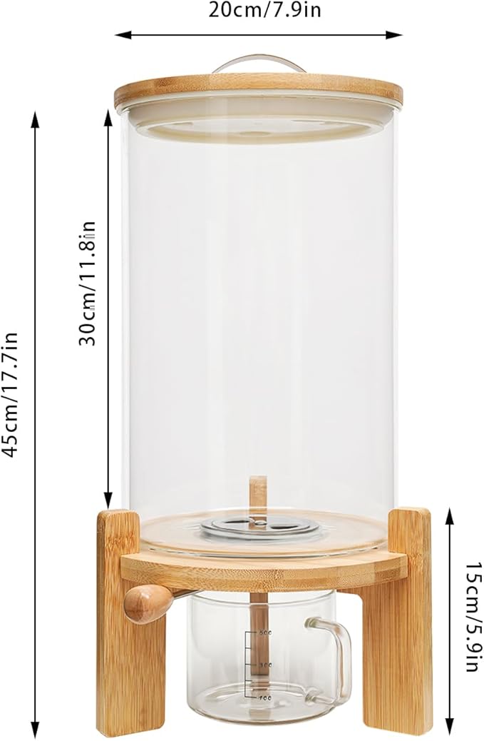 Flour and Cereal Container, Rice Dispenser, Creative Glass Food Storge Container for Kitchen Organization and Pantry Store, Airtight Lid and Wooden Stand (7.5L)