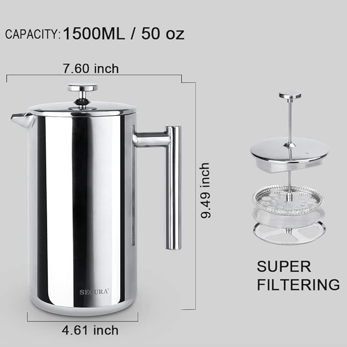 Secura French Press Coffee Maker, 304 Grade Stainless Steel Insulated Coffee Press with 2 Extra Screens, 50oz (1.5 Litre), Silver