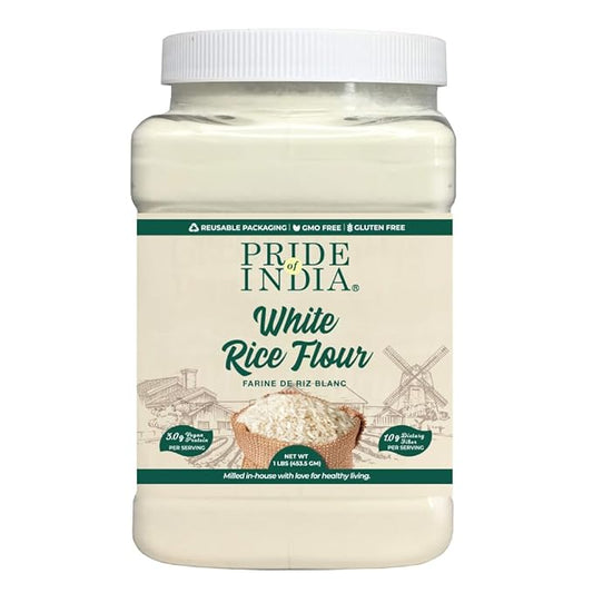 Pride of India- White Rice Flour 1 lbs (454 gm) Mild Slightly Sweet Neutral Taste Freshly Milled in Small Batches | Used for Cooking Baking Coating Thickening | Vegan, Gluten Free