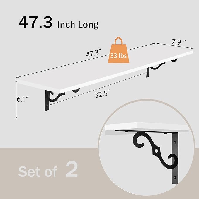 DINZI LVJ Long Wall Shelves, 47.3 Inch Large Floating Shelves Set of 2, Wide Display Shelf Wall Mounted with Brackets, Easy Hanging for Living Room, Toilet, Office, Bedroom, White