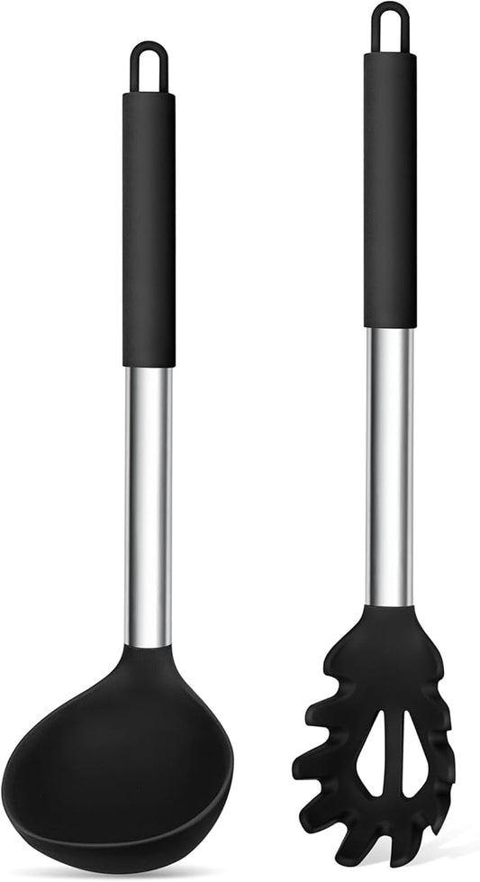 TeamFar Silicone Pasta Fork and Ladle Spoon Set, 2 Pcs Large Nonstick Kitchen Utensils with Stainless Steel Handle for Cooking, Draining, Serving Soup, Sauce, Spaghetti, Healthy & Heat-Proof, Black