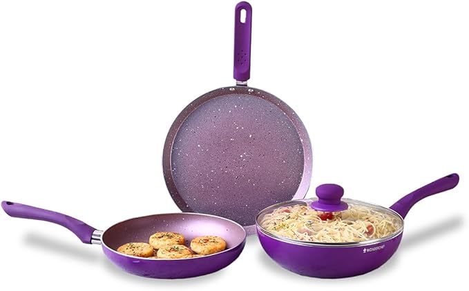 Wonderchef Royal Velvet Plus Induction Base Aluminium Nonstick Cookware 4-Piece Set Frying Pan, Wok, Dosa, Tawa StandardPurple
