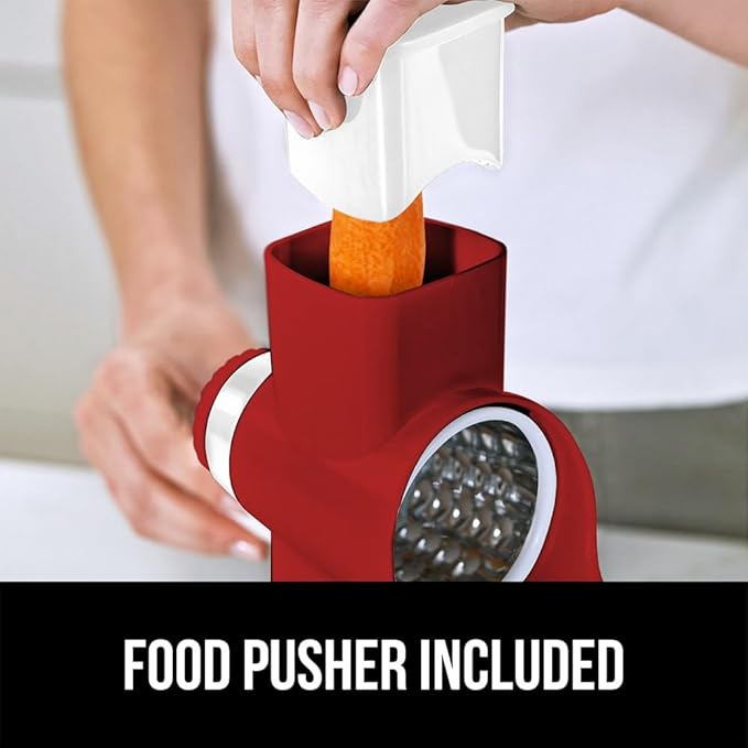 GORILLA GRIP BPA-Free Rotary Cheese Grater Hand Crank, Easy to Set Up, Strong Suction Base for Kitchen Countertop, Shred Potato, Vegetable, Nuts in Seconds, Round Mandoline Slicer, 3 Blades, Red