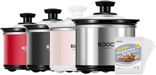 KOOC Small Slow Cooker, 0.65-Quart, Free Liners Included for Easy Clean-up, Upgraded Ceramic Pot, Nutrient Loss Reduction, Stainless Steel, Silver, Round