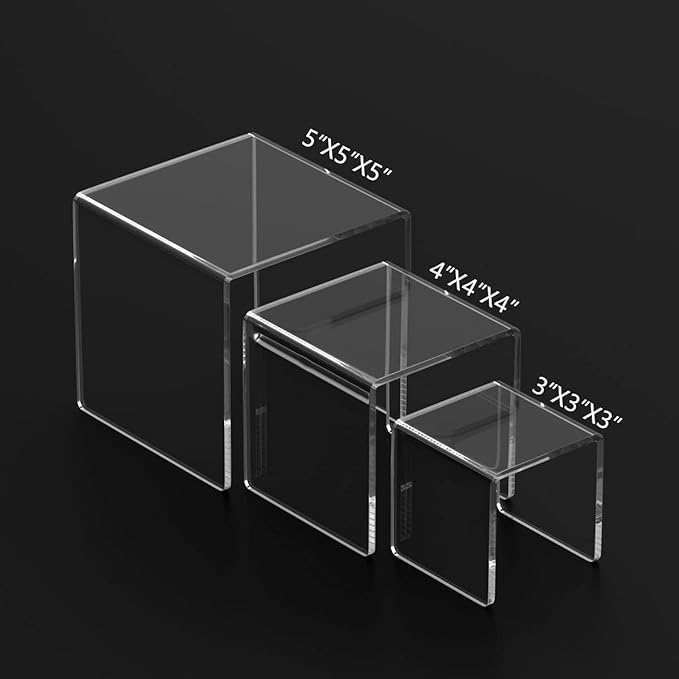 HIIMIEI Clear Acrylic Display Risers 2 Sets, 3-Tier Risers Stands Showcase for Amiibo Funko Pop Figures, Dessert, Jewelry-3"x4"x5"