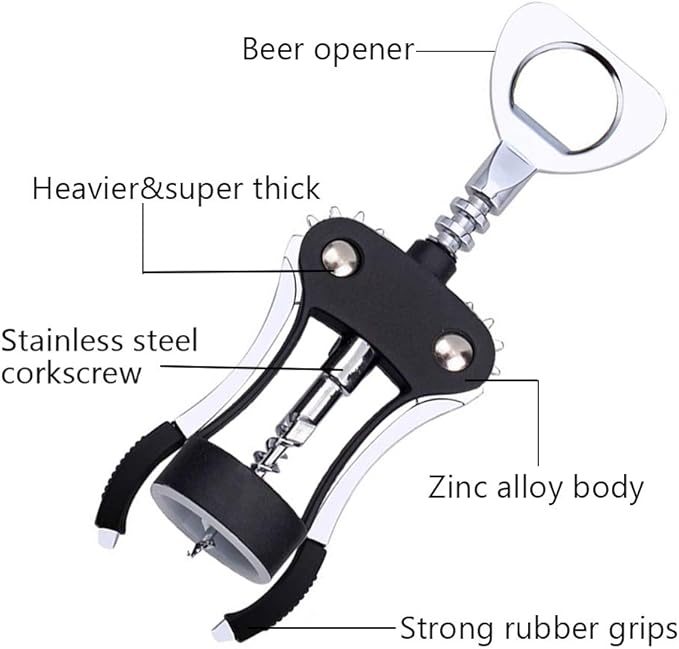 Foho Wine Opener, Multifunctional Wing Corkscrew Wine Bottle Opener for all Cork Stoppered and Beer Cap Bottles, Luxury Waiter Corkscrew with Stopper Set for Wine Enthusiast, Waiters - Black