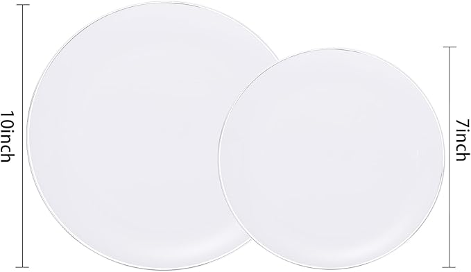 KIRE 200PCS Silver Plastic Plates - White Plastic Plates with Silver Rim Include 100 Dinner Plate and 100 for Dessert/Salad Plate for Birthday/Wedding/Party