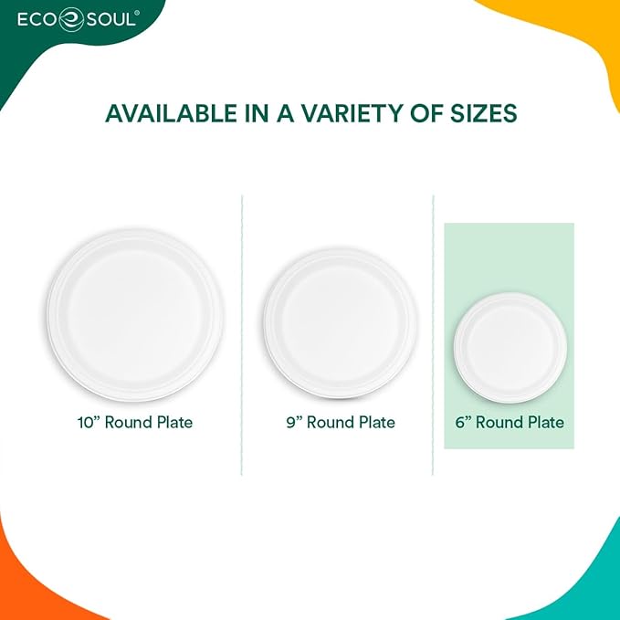 ECO SOUL Pearl White 9 Inch 200 [2x100 Pc] Paper Plates | 100% Compostable Disposable Bagasse I Heavy Duty Eco-Friendly Dinner Plates I Biodegradable Plates