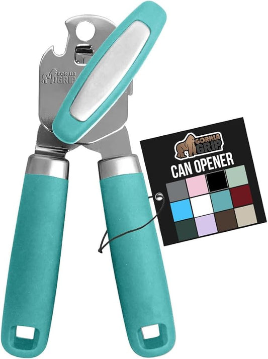 GORILLA GRIP Heavy Duty Stainless Steel Smooth Edge Manual Can Opener and Bottle Openers, Soft Comfortable Handle, Oversized Handheld Turn Knob, US Designed Multifunctional Kitchen Tool, Turquoise