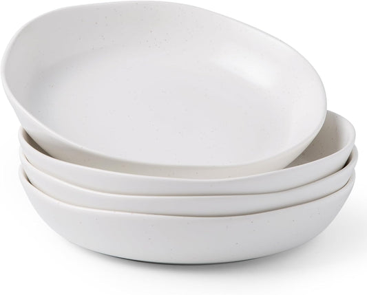 AmorArc 9.75'' Speckled Large Ceramic Pasta Bowls, 38oz Stoneware Bowls Set of 4, Oven, Microwave&Dishwasher Safe Bowls with Wavy Rim for Fruit Pasta Salad Meal, Matte Speckled White