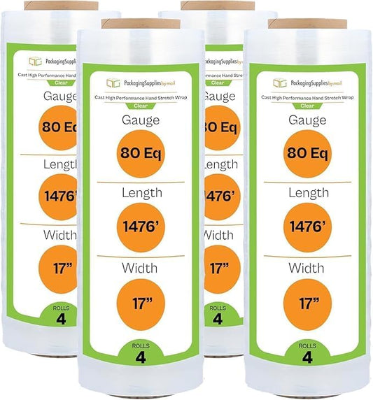 PSBM Stretch Wrap, 4 Pack, 17 Inch x 1476 Feet, 48 Gauge, Clear Plastic Cling, Cast Hand Stretch Film Rolls for Packaging Moving Packing Pallets