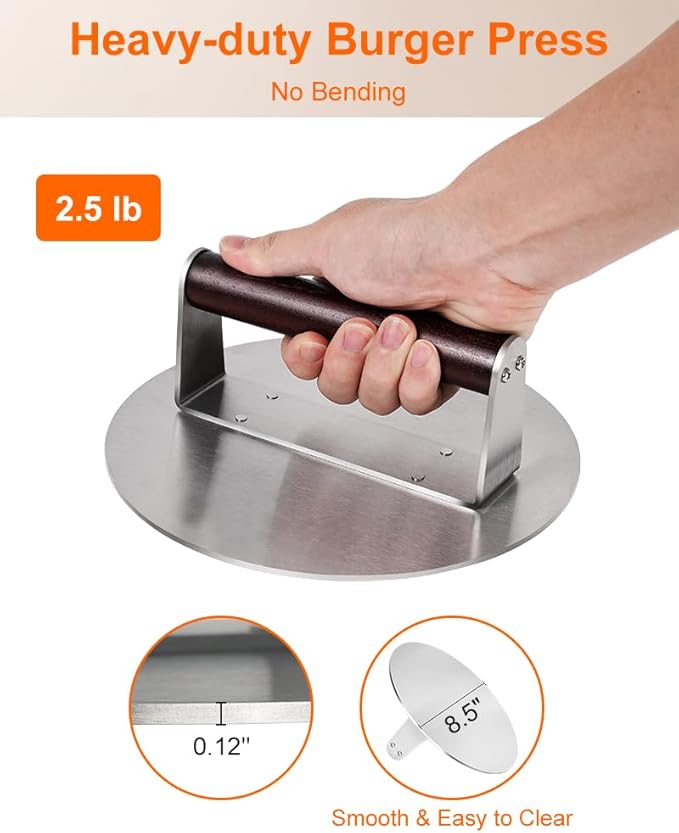 Brigii Burger Press Smasher, 2.5lb Heavy-Duty Stainless Steel, with Flat Nonstick Surface and Wooden Handle, for Hamburger Patty, Bacon, Steak, BBQ Grilling, Dishwasher Safe