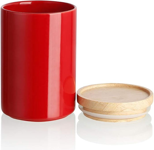 Sweejar Kitchen Canisters Ceramic Food Storage Jar, Stackable Containers with Airtight Seal Wooden Lid for Serving Ground Coffee, Tea, Sugar, Salt and More - 28 Fl Oz (Red)