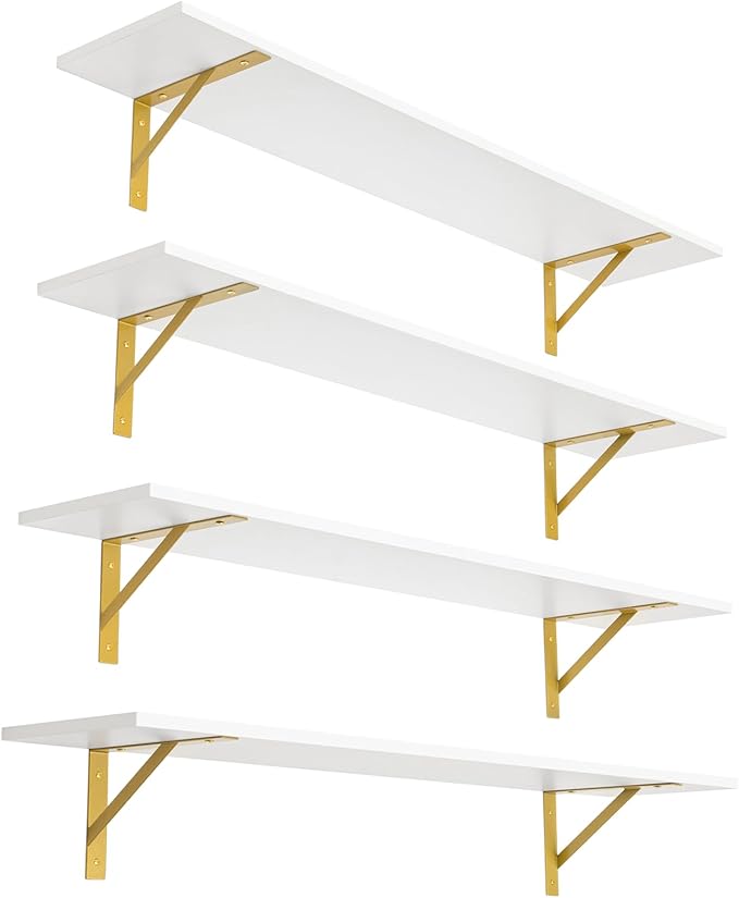 DINZI LVJ Long Wall Shelves, Set of 4, 47.3" Wall Mounted Shelves, Large Floating Shelves for Storage with Metal Brackets, for Living Room, Bathroom, Bedroom, Kitchen, White and Gold