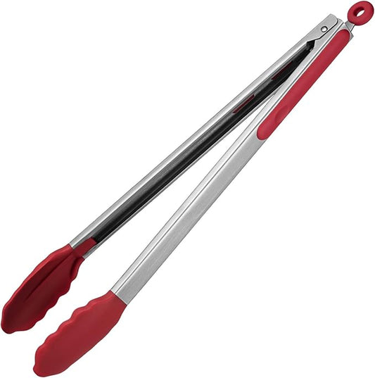 600ºF Heat Resistant Kitchen Tongs: U-Taste 16 inch Extra Long Large Silicone Cooking Tong with Sturdy Non Stick Rubber Tips & Non Slip Silicon Coated 18/8 Stainless Steel Handle for Grilling BBQ(Red)