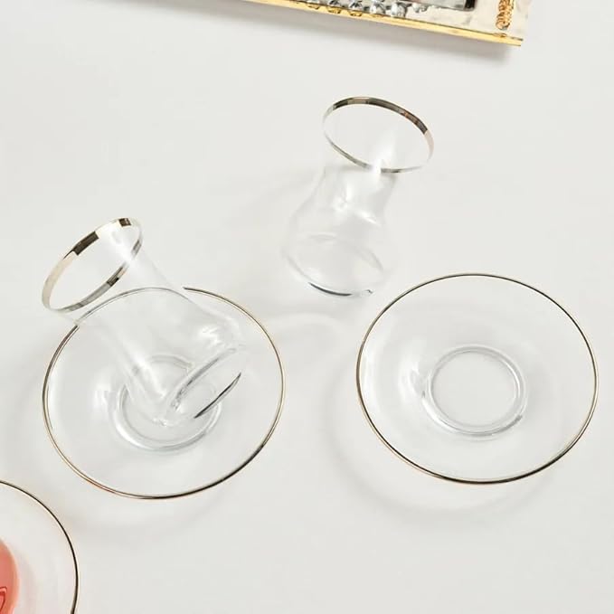KARACA Sydney Elegant Tea Glass Set of 6 - (12 Piece) Clear Turkish Tea Cup Glasses and Saucers, 5.4 fl oz Curved Design Drinkware Cups, Dishwasher Safe, Platinum