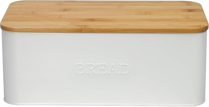 White Bread Box for Kitchen Countertop, Small Storage Container with Bamboo Lid, Modern Kitchen Organizer for Sourdough, Buns, and Loaves, Bread Storage with Cutting Board Lid