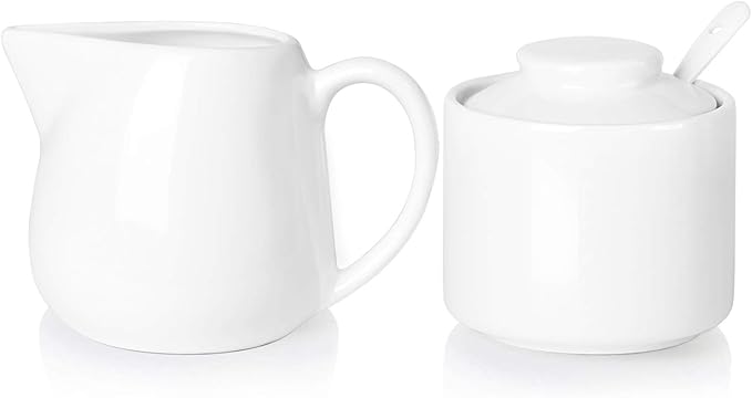 ONTUBE Porcelain Sugar and Creamer Set of 3,Cream Pitcher, Spoon, Sugar Bowl with Lid,Cream (White)