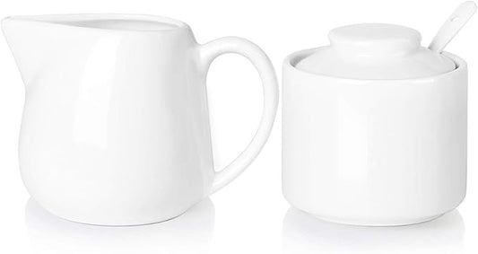 ONTUBE Porcelain Sugar and Creamer Set of 3,Cream Pitcher, Spoon, Sugar Bowl with Lid,Cream (White)