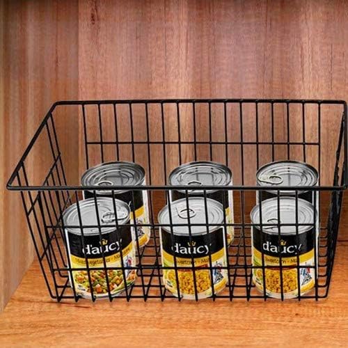 Slideep Farmhouse Metal Wire Basket, Fridge Freezer Storage Organizer Bins with Handles for Kitchen Cabinets, Pantry, Closets, Bedrooms, Bathrooms, Black 3 Pack