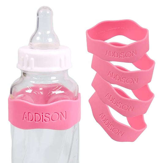 InchBug Orbit Labels - Baby Bottle Name Labels for Daycare, Sippy Cup Bands - Engraved Silicone, Reusable, Dishwasher Safe, Matching Color Personalization, 4-Pack (Bubblegum Pink)