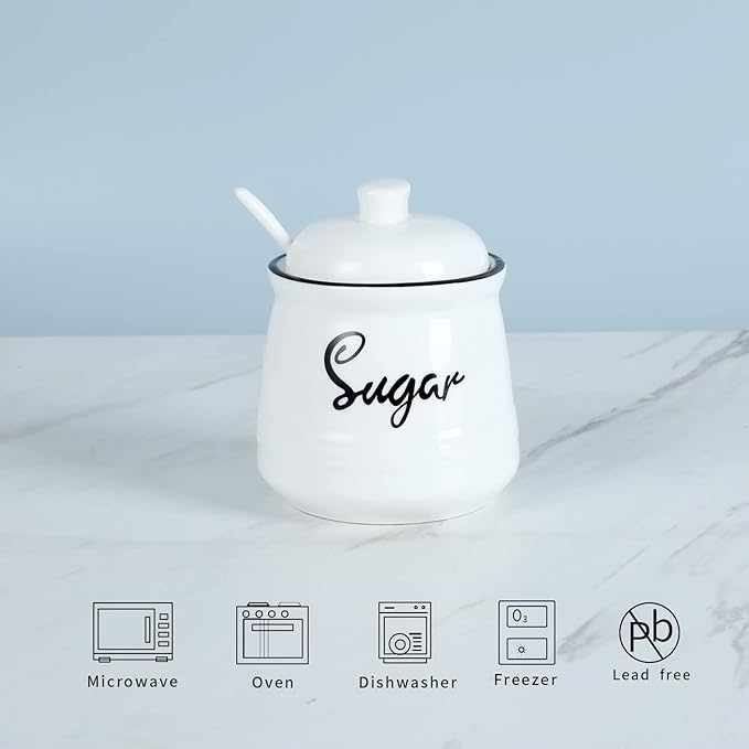 HAOTOP Farmhouse Porcelain Sugar Bowl with Lid and Spoon 12oz,Easy to Clean (White)