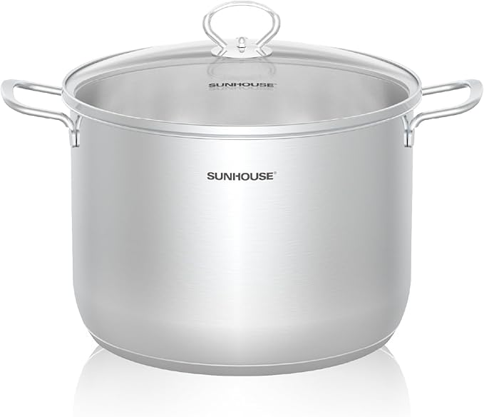 SUNHOUSE Stainless Steel Stock Pot – 12.6 Quart Heavy-Duty Induction Cooking Pot with Glass Lid for Pasta, Soup, Spaghetti – Thick-Bottom Large Stockpot for Boiling, Simmering, Canning